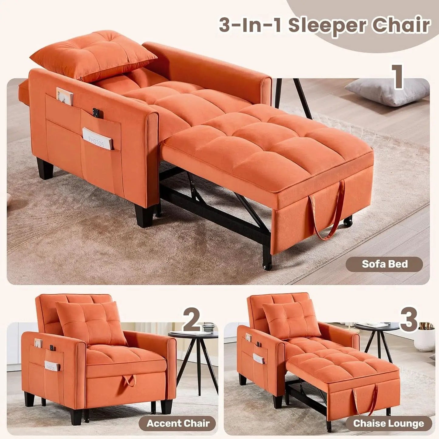 Three In One Velvet Orange Convertible Sleeper Chair from PriceLows™