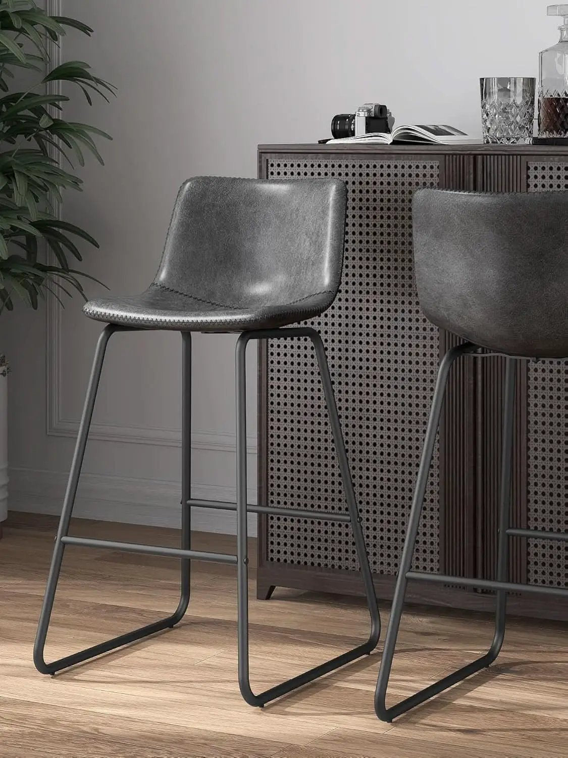 Gray Faux Leather Bar Stools Set Of 3 26 Inch Counter from PriceLows™
