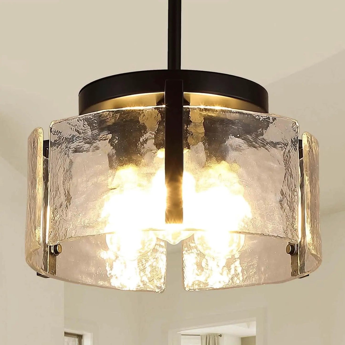 Black Adjustable Farmhouse Chandelier For Dining Room With Hammered Glass from PriceLows™