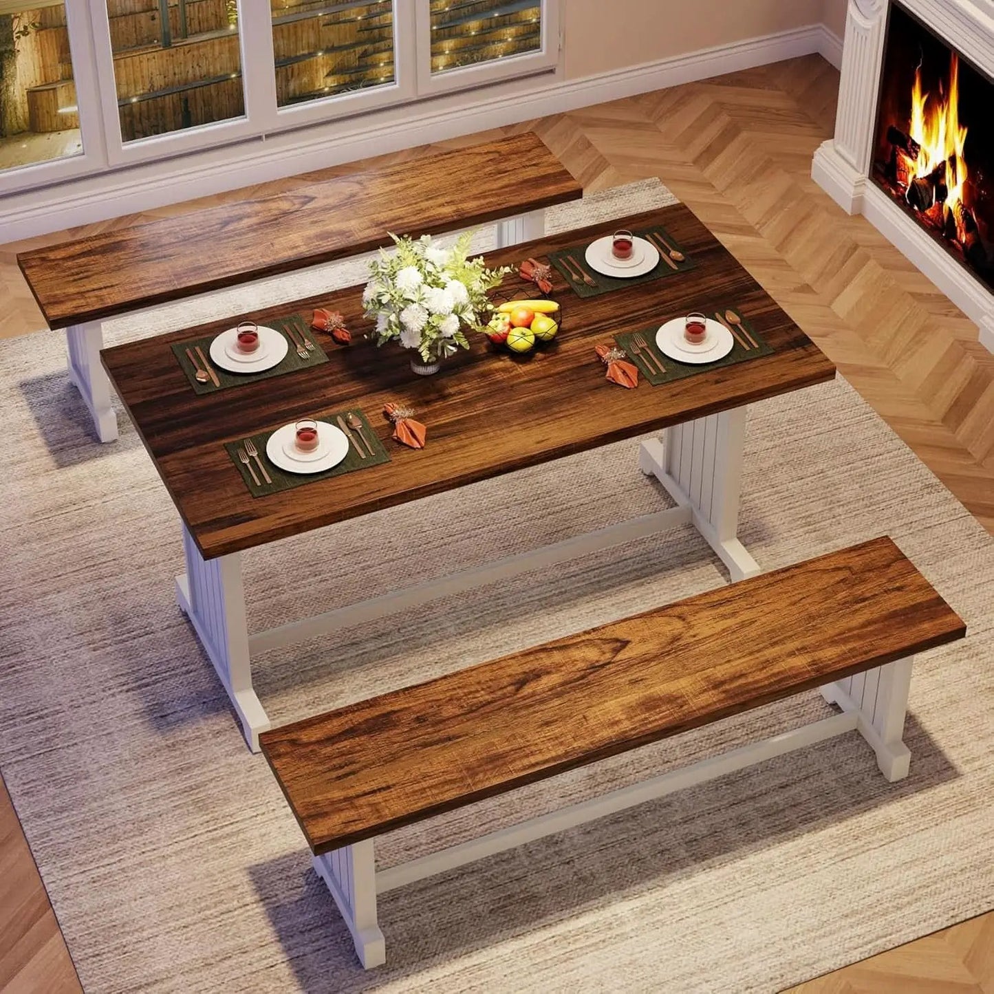 47 Inch Dining Table Set For 4 With 2 Benches Farmhouse White And Rustic Brown from PriceLows™