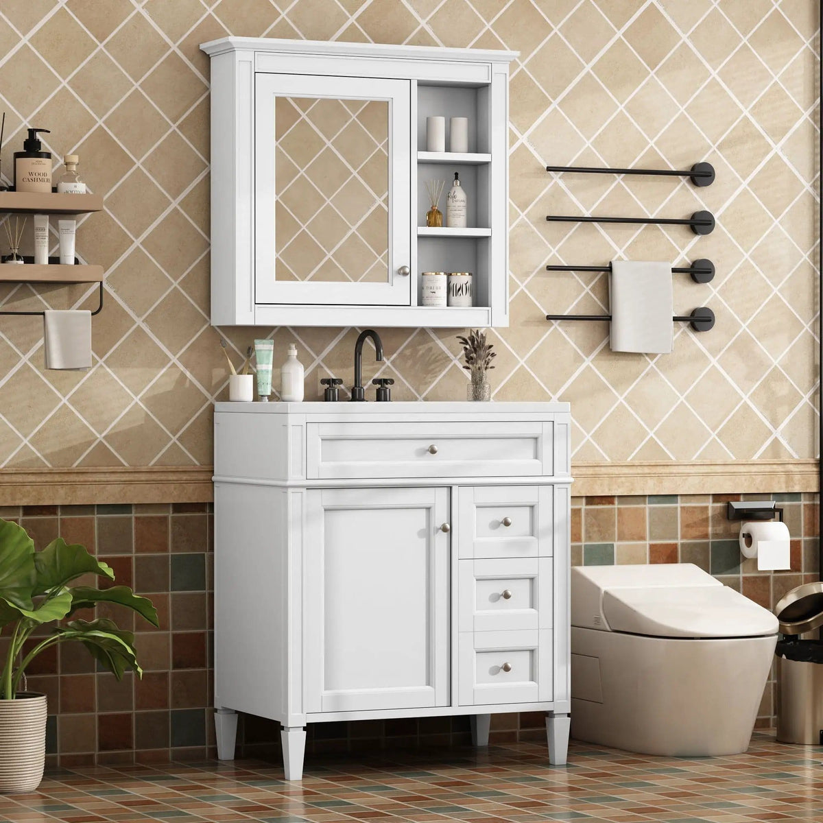 Bathroom Vanity With Top Sink, 2 Doors And 3 Drawers, Freestanding Set With Mirror | Vanity & Cabinet | Solid Wood & Ceramic | Bathroom