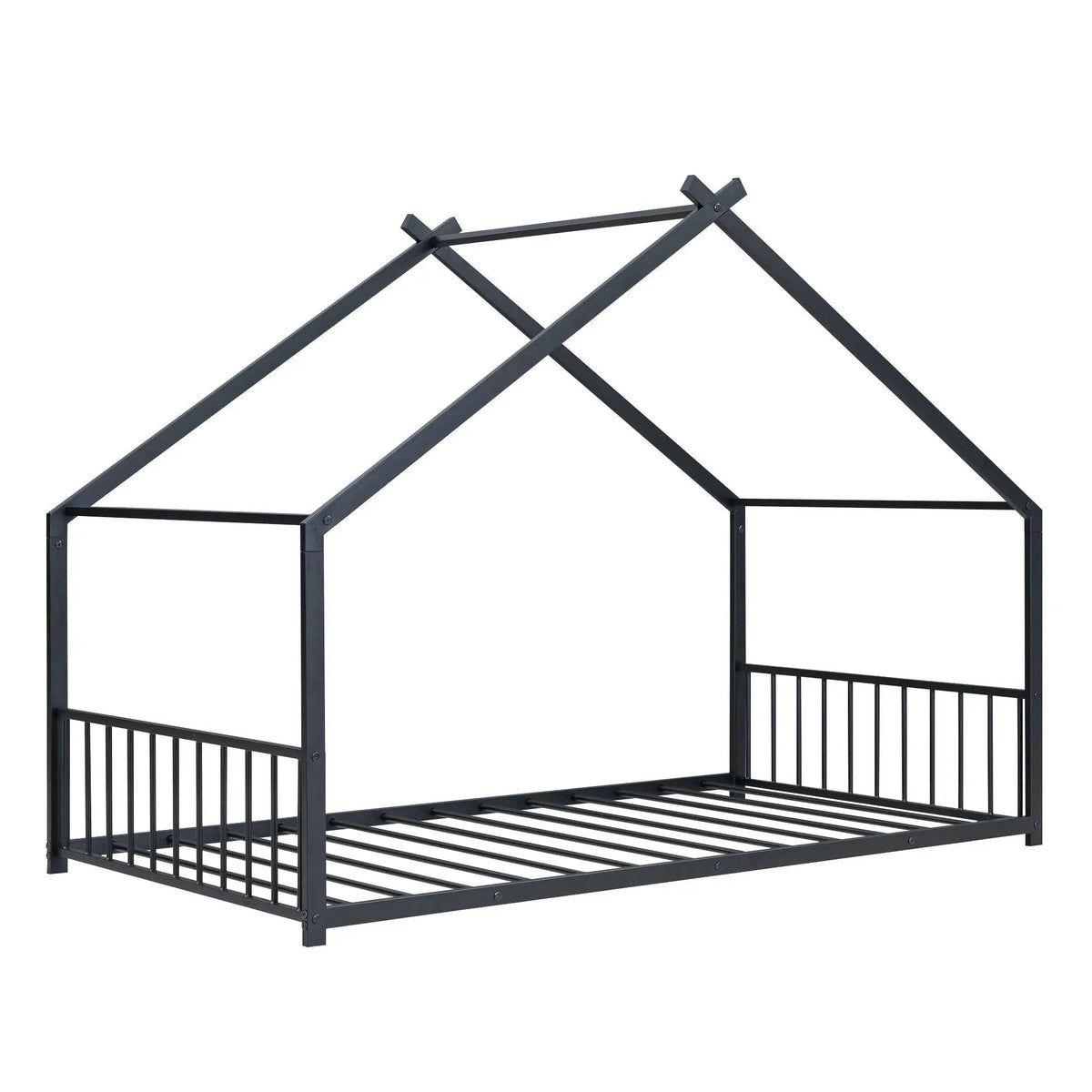 Metal House Bed | Roof Design | Semi-Enclosed Play Space | Contemporary Neutral Finish