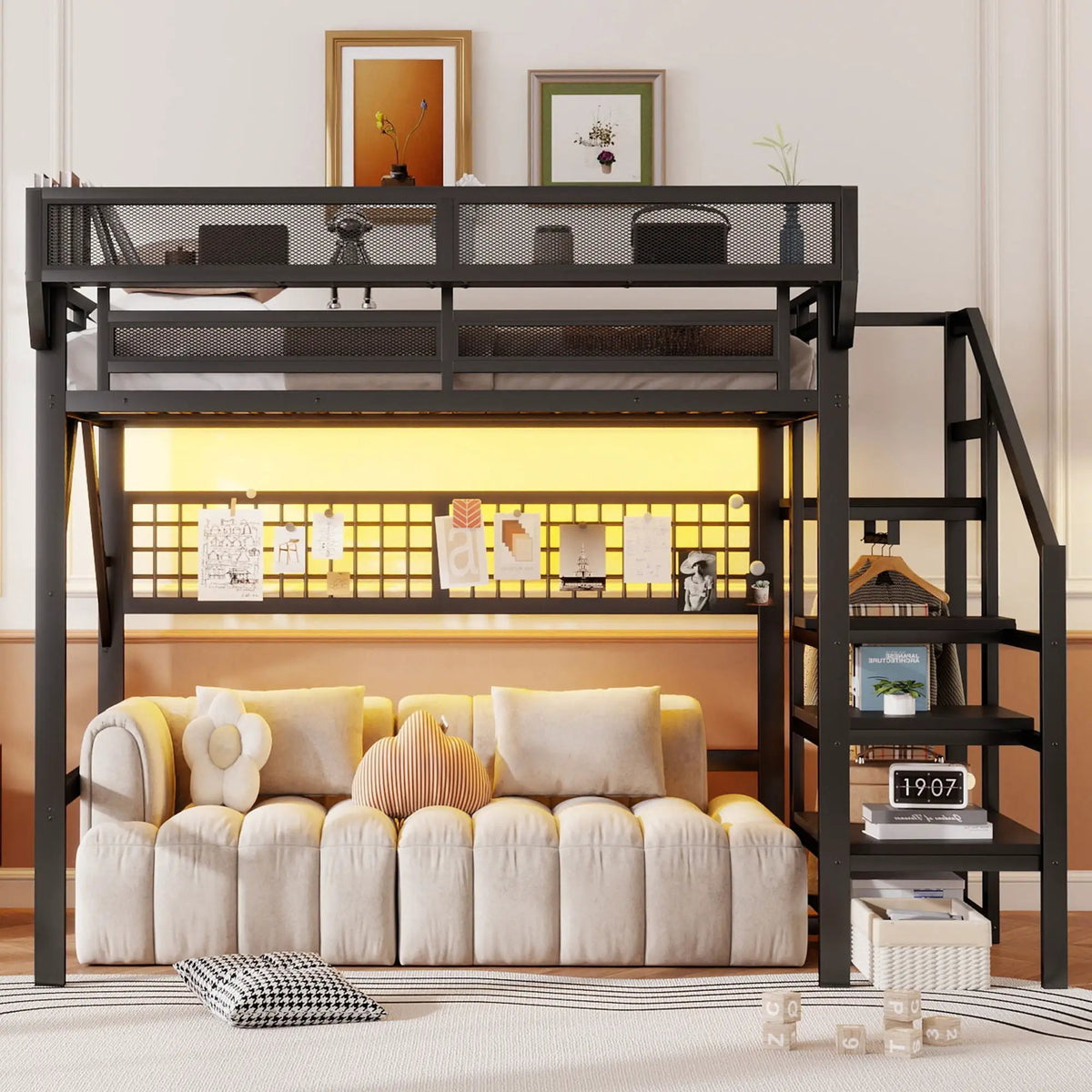 Metal Loft Bed | Integrated Storage Stairs | Upper Safety Shelf