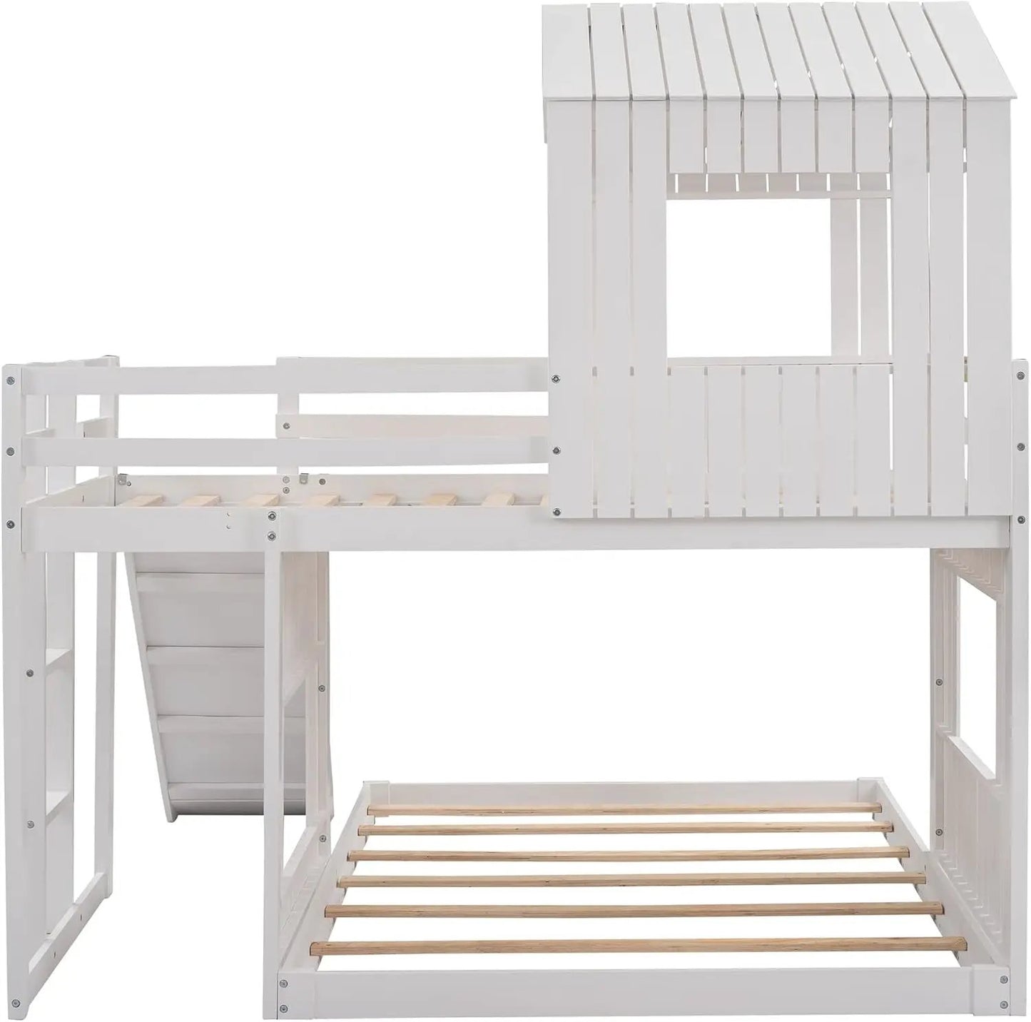 Twin Over Full Bunk Bed With Slide With Guardrails White from PriceLows™