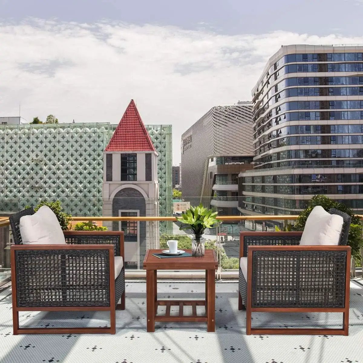 3 Piece Patio Wicker Furniture Set With Beige Washable Cushions And Acacia Wood Coffee Table from PriceLows™