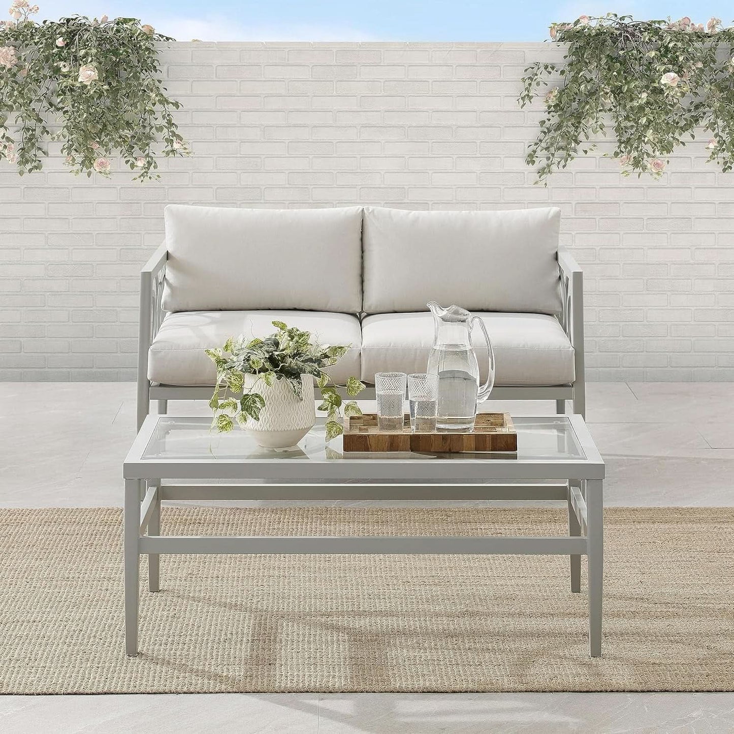 2 Piece Outdoor Coffee Table And Loveseat Set Gray Frame Creme Cushions from PriceLows™