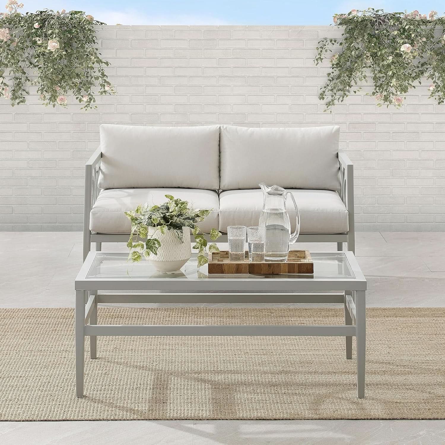 2 Piece Outdoor Coffee Table And Loveseat Set Gray Frame Creme Cushions from PriceLows™