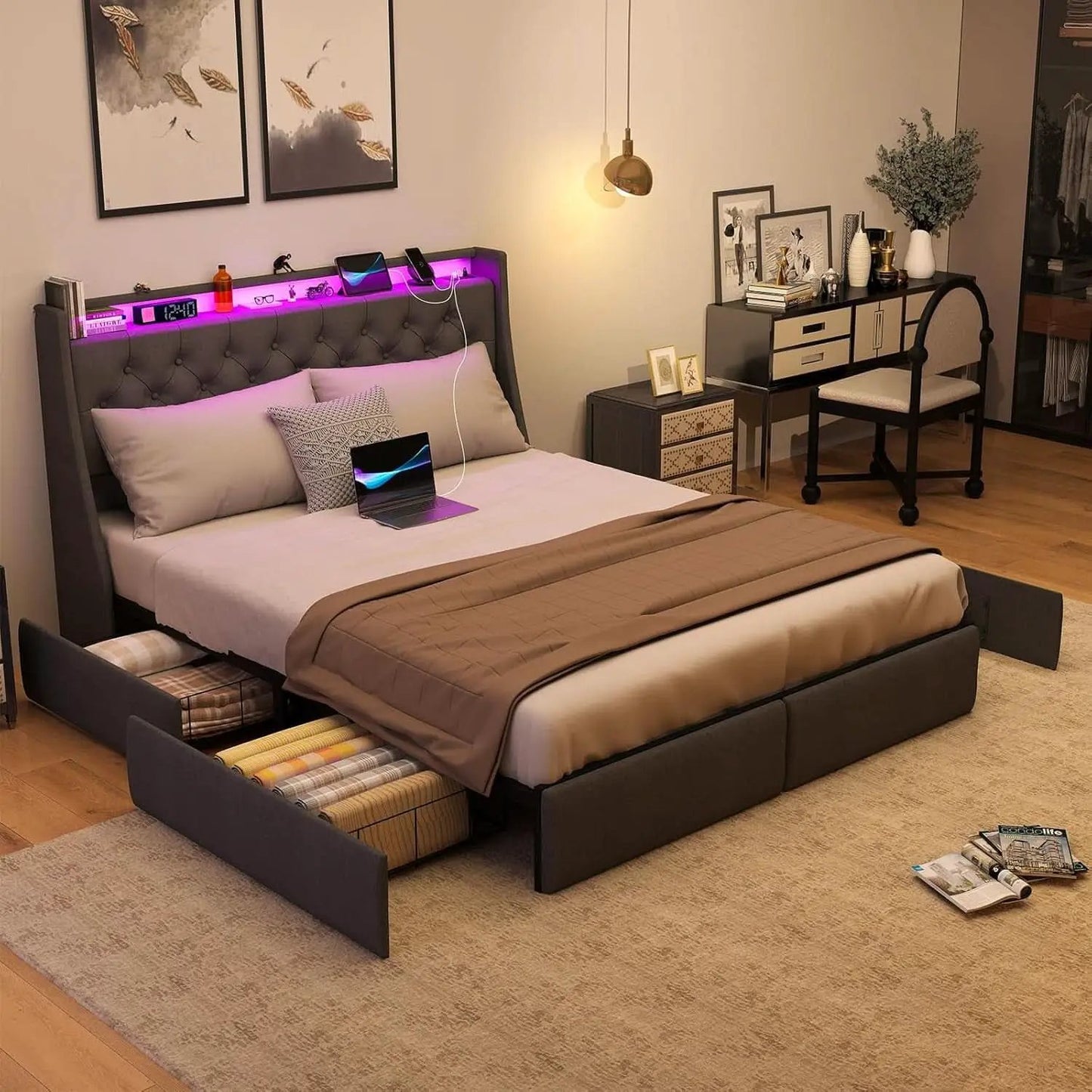 Queen Bed Frame With Storage Headboard LED Lighting from PriceLows™