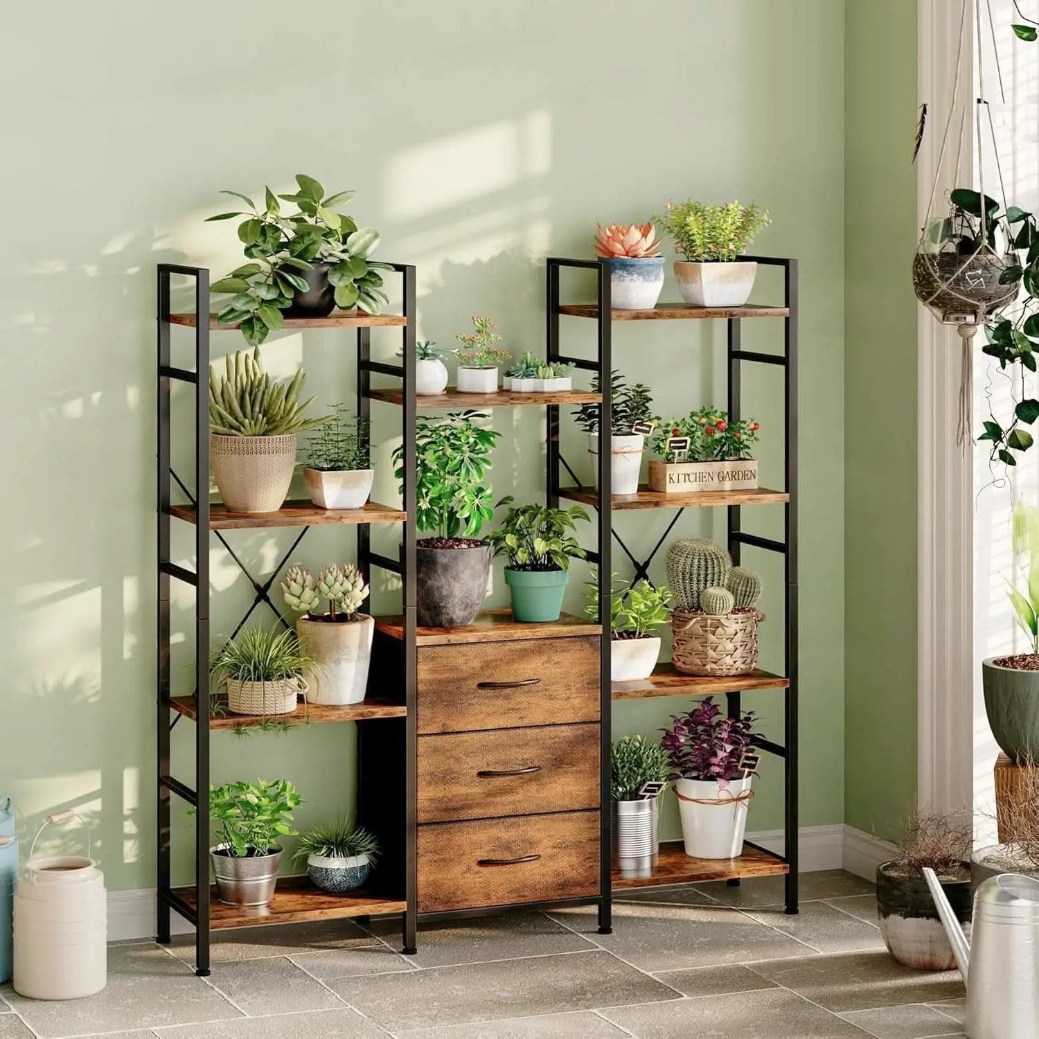 Rustic Brown Triple Bookshelf With Drawers 47 Inch Wide from PriceLows™