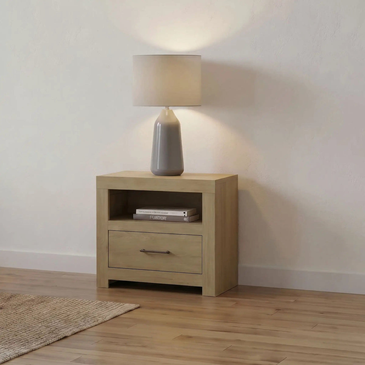 Hendricks 1-drawer Nightstand Bedside Table with Cubby | 23.5 x 16.75 x 26.25 in | Engineered Wood & Metal | Light Oak