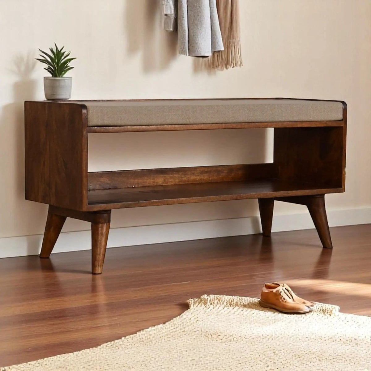 Solid Wood Bench With Upholstered Sea | 3 Pieces | Mango Wood | Home