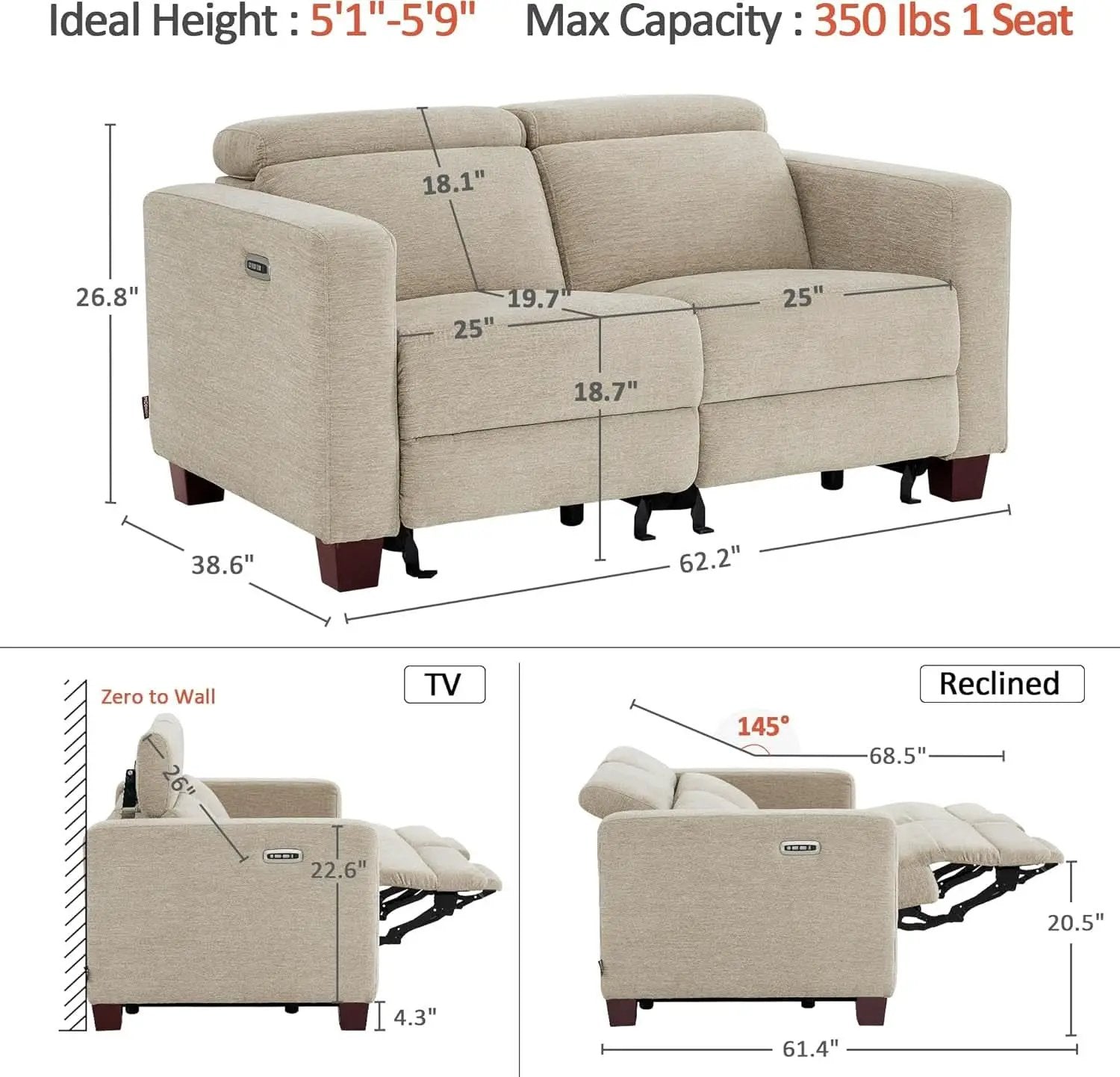 Beige Fabric Wall Hugger Power Loveseat Recliner USB from PriceLows™