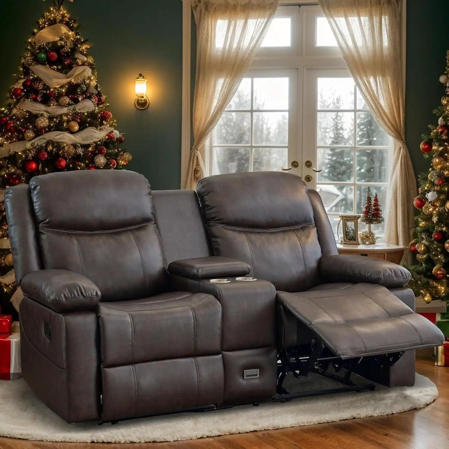 Brown PU Leather Two Seater Loveseat Recliner With Console And Double Reclining from PriceLows™
