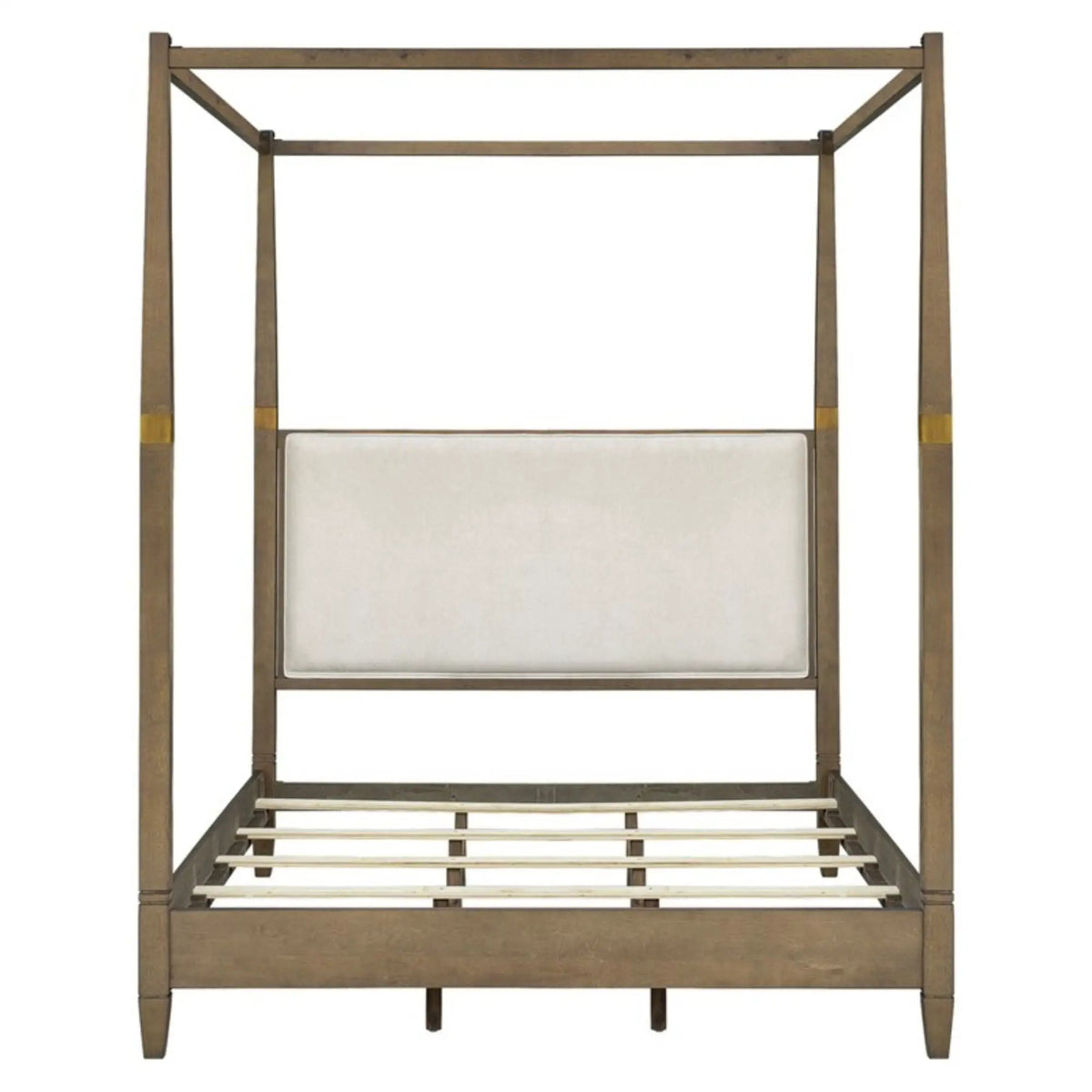 Queen Canopy Bed Frame | Upholstered Headboard | Brown Solid Wood | Gold Metal Cuffs