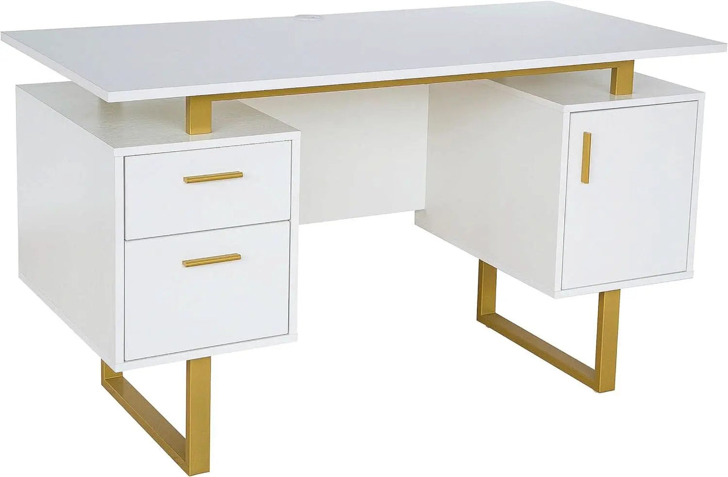 51 Inch White And Gold Desk With Storage Cabinet Drawers from PriceLows™