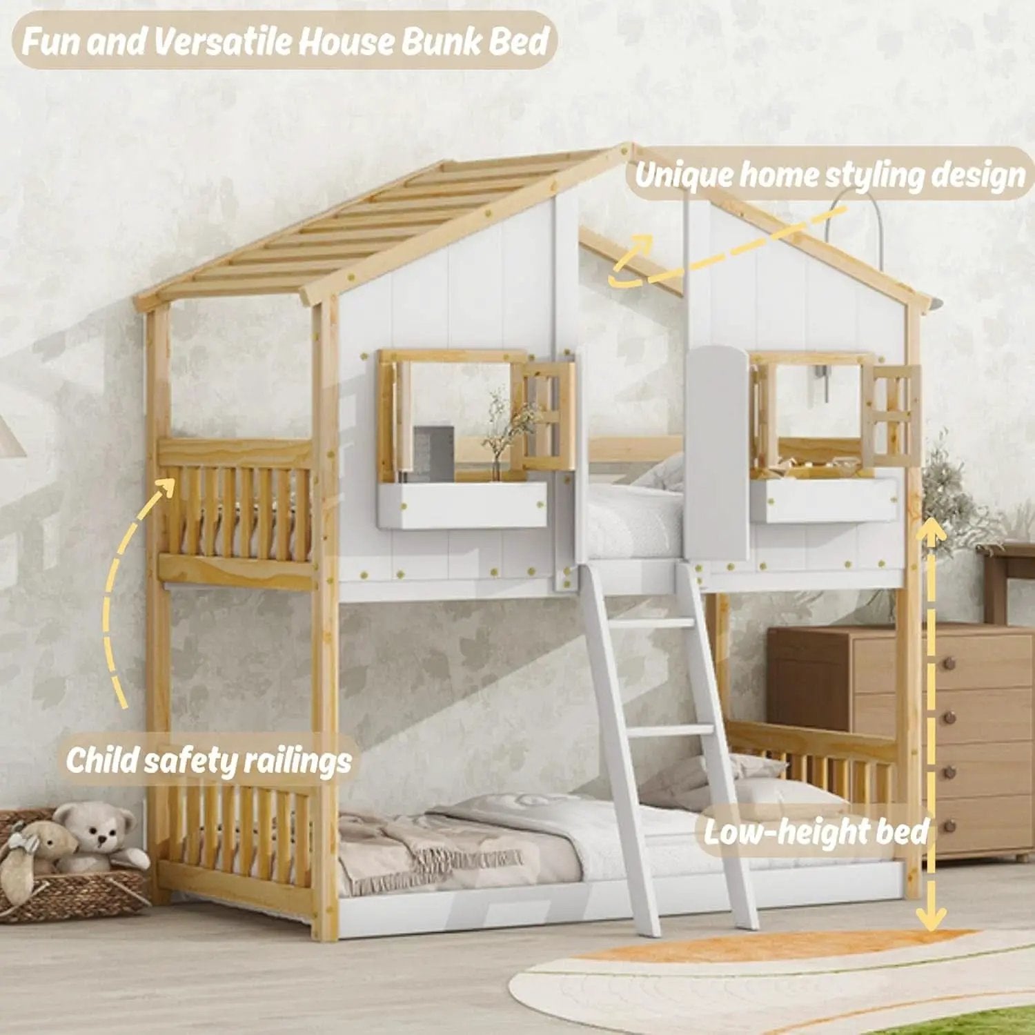 Natural Wood Twin Over Twin House Bunk Bed With Roof from PriceLows™