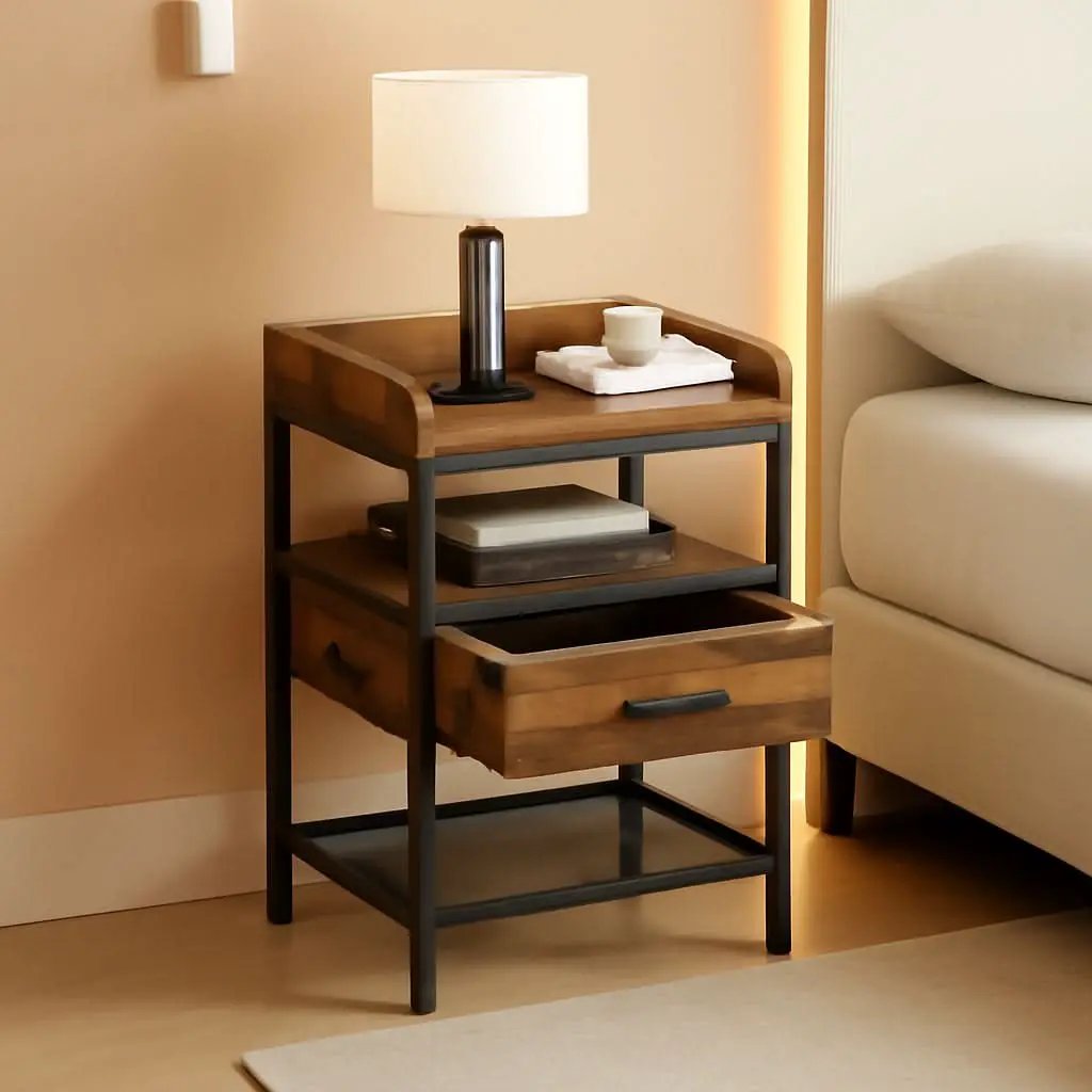 Industrial Three Tier Nightstand Set With Wood Grain Finish from PriceLows™