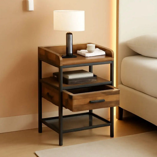 Industrial Three Tier Nightstand Set With Wood Grain Finish from PriceLows™