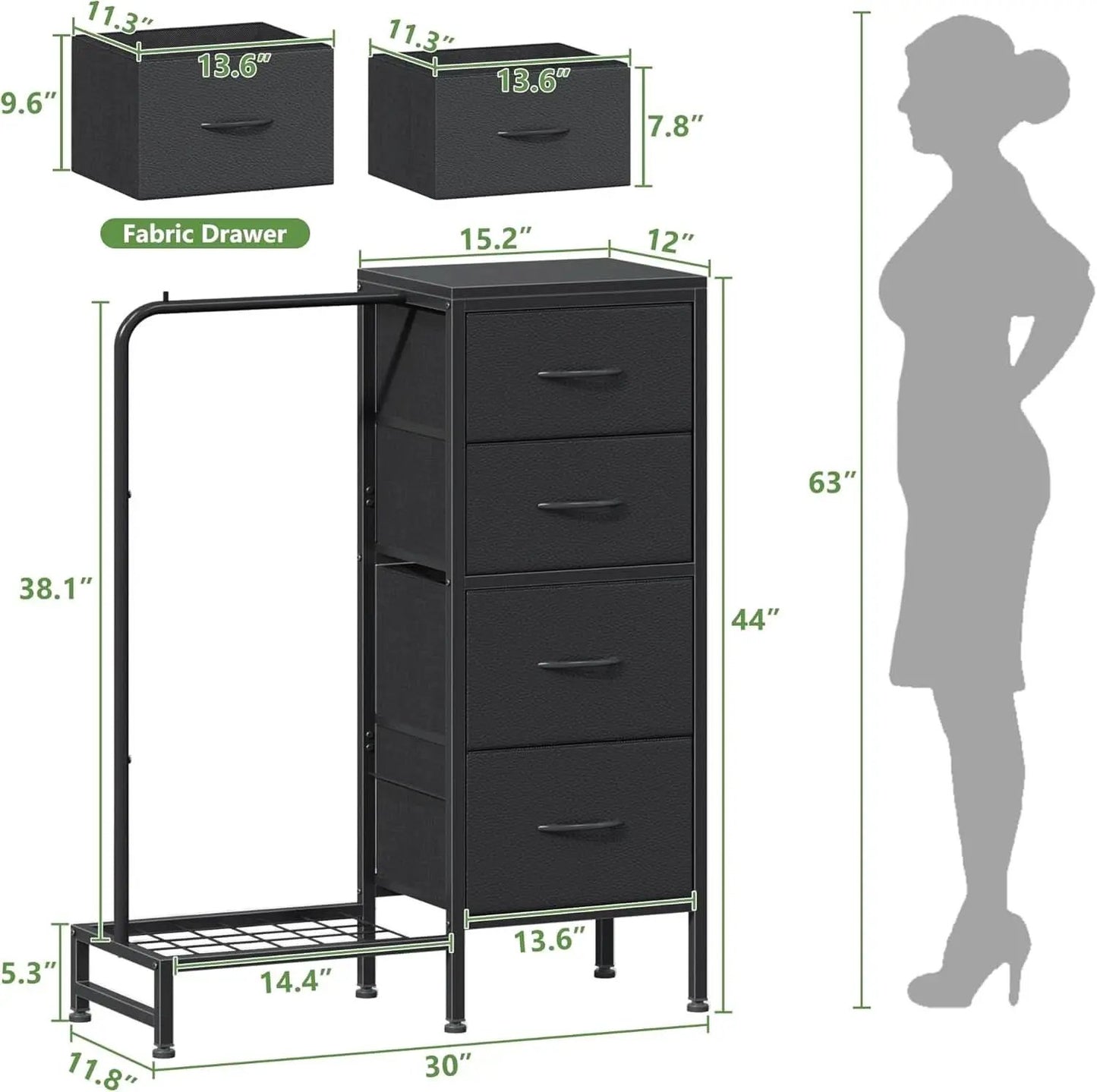 Dresser With Hanging Rack And 4 Drawers Black 44 Inch Tall from PriceLows™