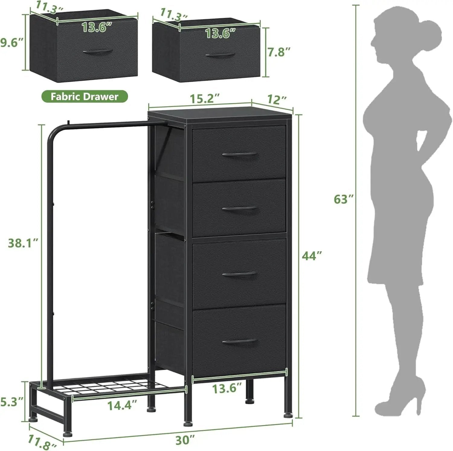 Dresser With Hanging Rack And 4 Drawers Black 44 Inch Tall from PriceLows™