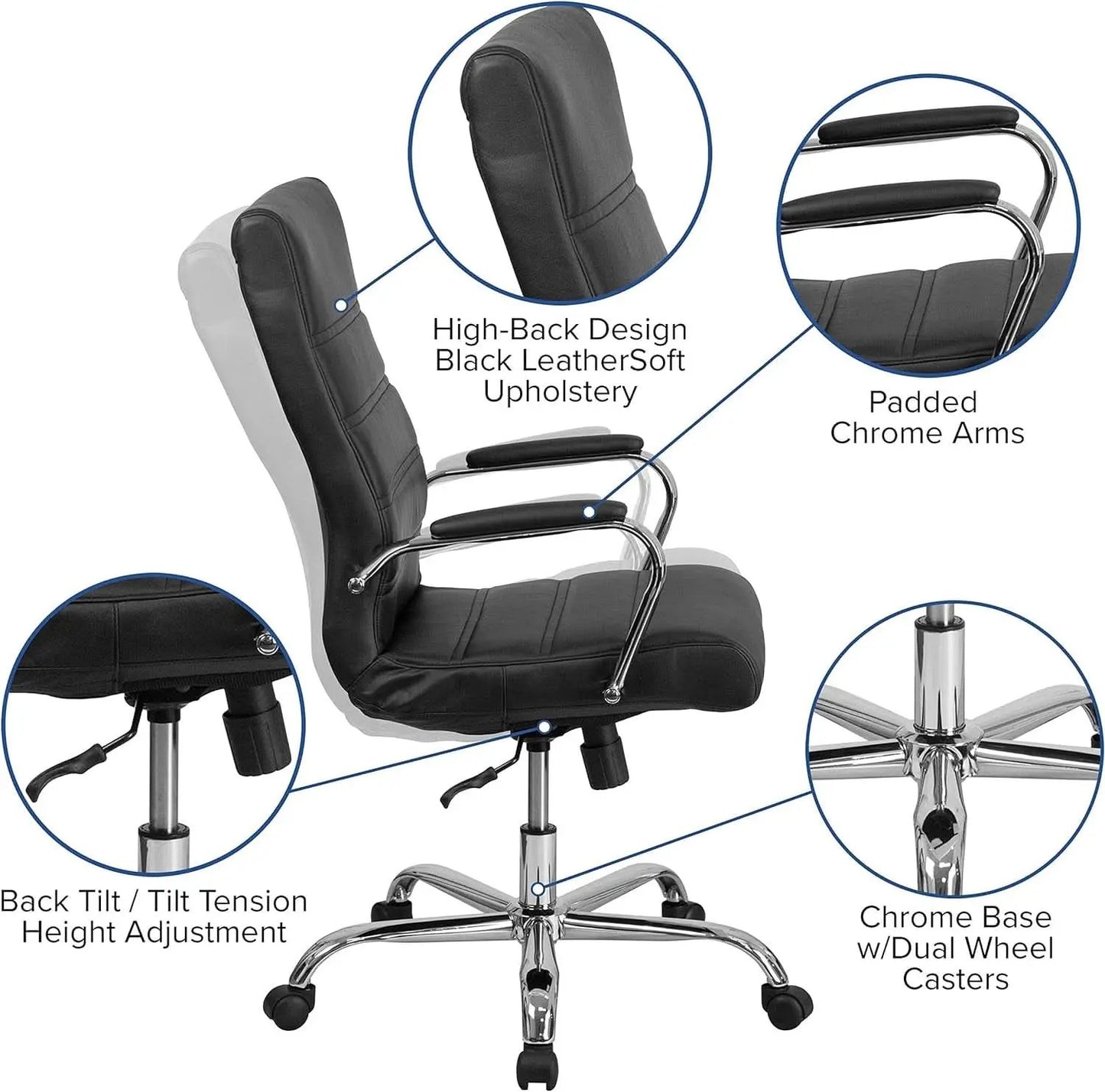 Whitney High Back Leathersoft Desk Chair Adjustable Height Swivel Black Chrome from PriceLows™