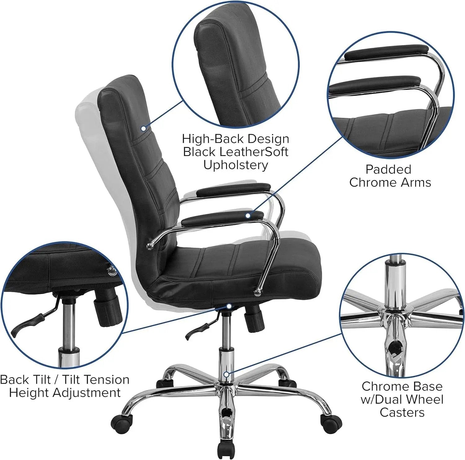 Whitney High Back Leathersoft Desk Chair Adjustable Height Swivel Black Chrome from PriceLows™