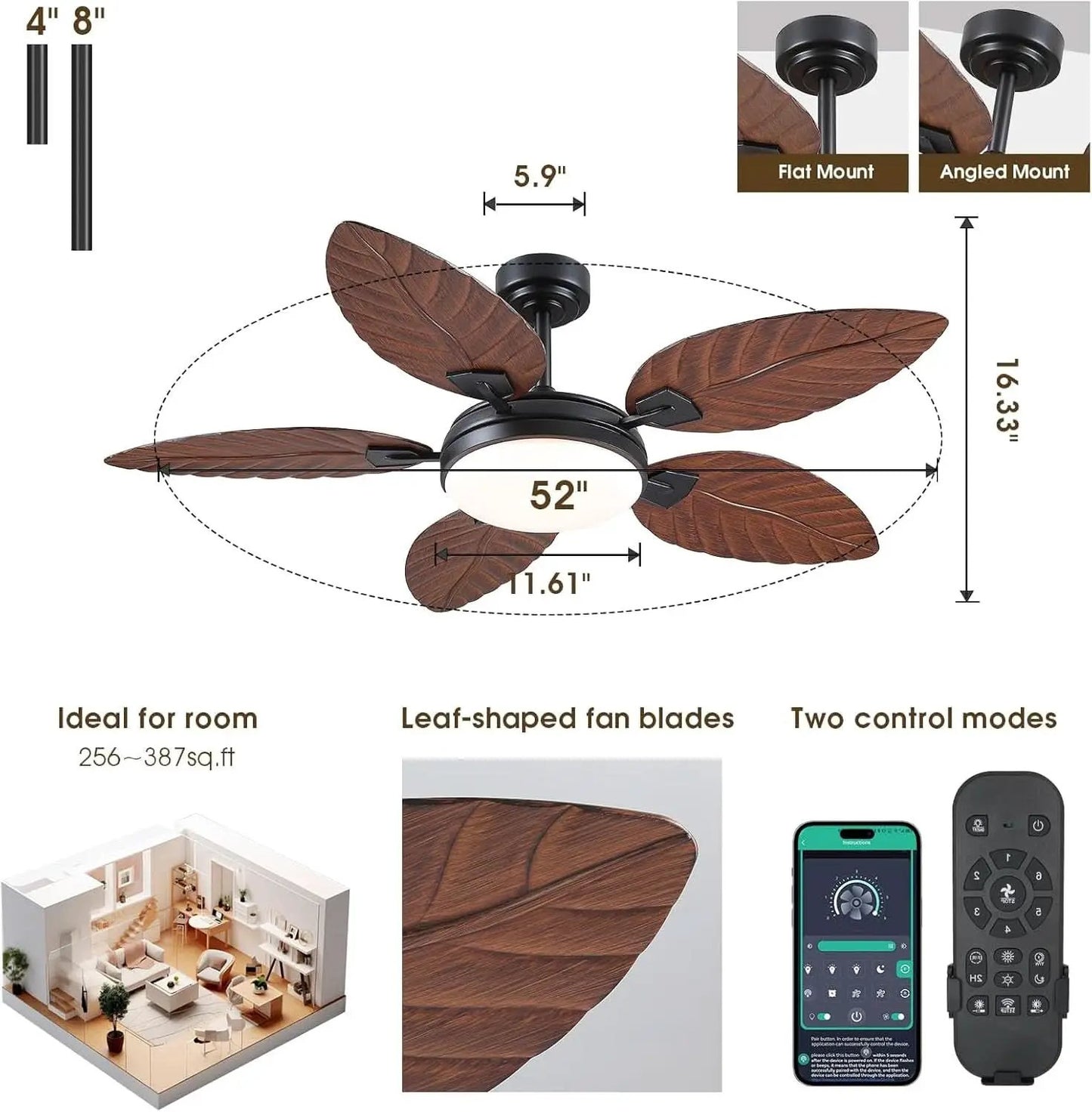 52 Inch Outdoor Palm Leaf Ceiling Fan With Dimmable LED from PriceLows™