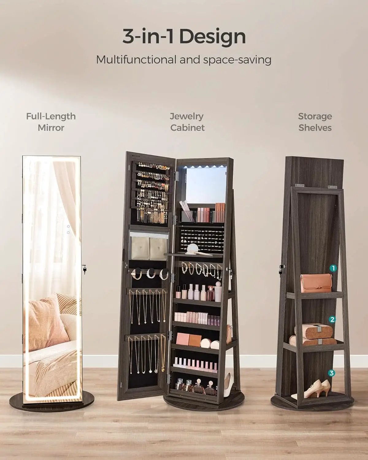 Ash Brown Lockable LED Full Length Mirror Jewelry Cabinet from PriceLows™