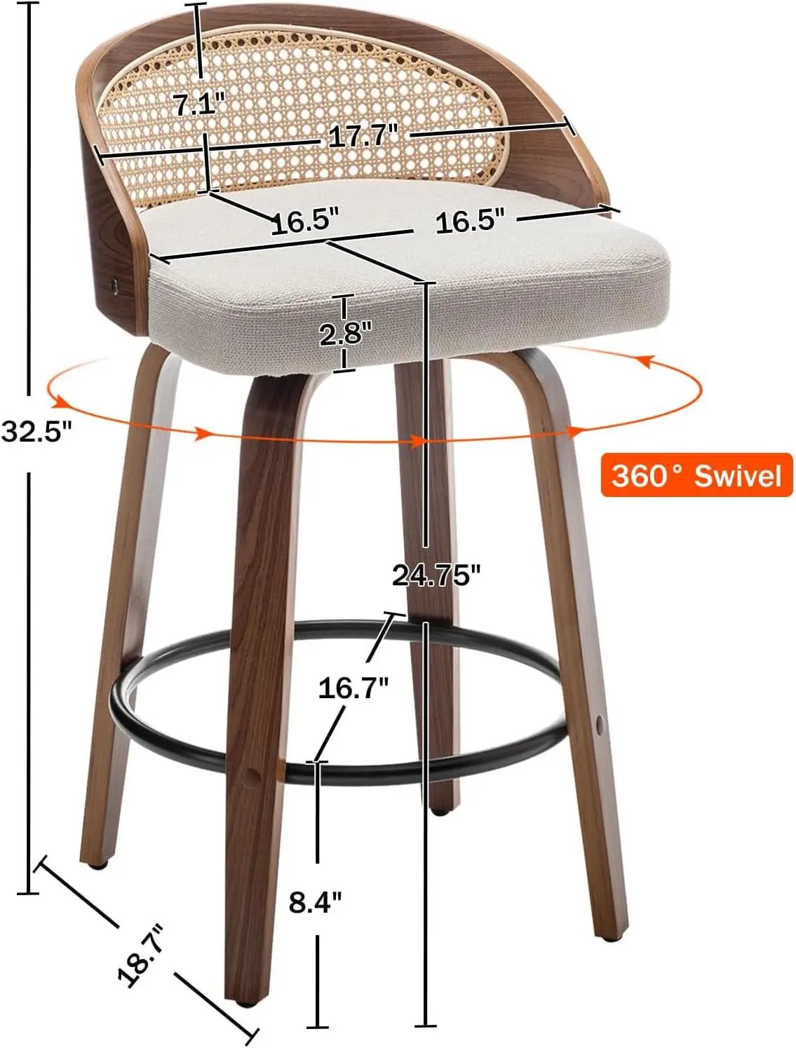 Set Of Two 25 Inch Beige Rattan Swivel Counter Stools With Linen Upholstery Mid Century Modern from PriceLows™