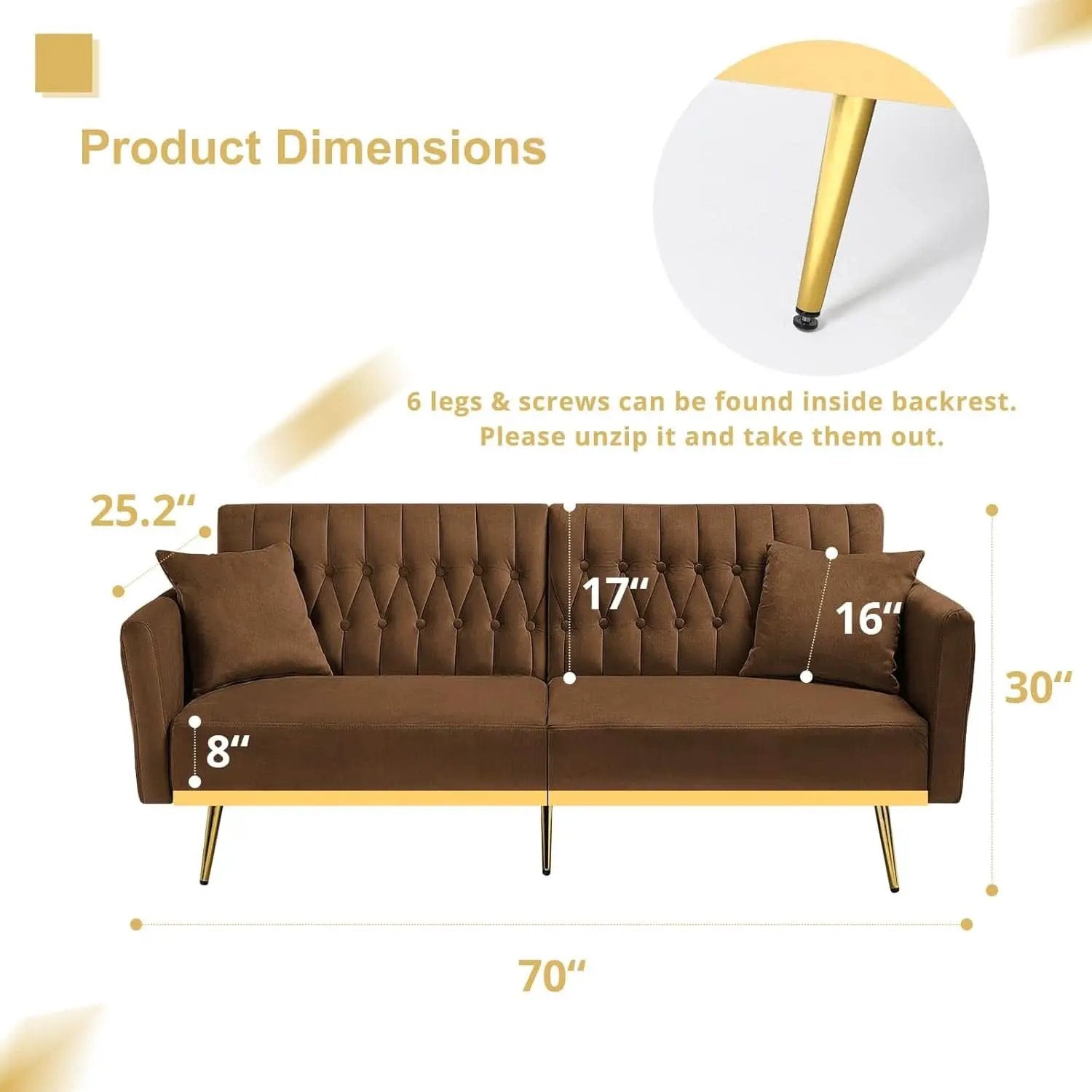 2 Piece Velvet Sofa Set With Adjustable Armrests, 70 Inch Convertible Futon Sofa Bed, Brown from PriceLows™