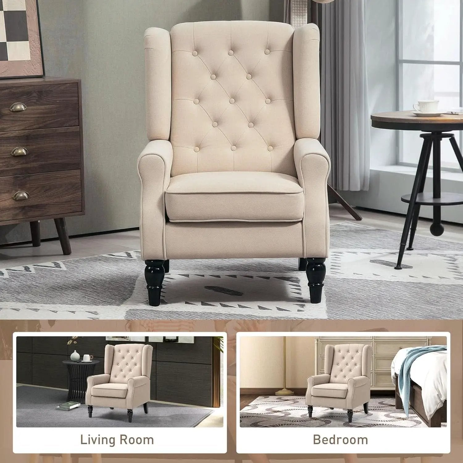 Beige Midcentury Button Tufted Wingback Upholstered Armchair from PriceLows™