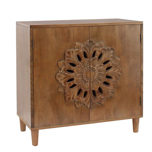 2 Door Accent Storage Cabinet With Floral Design, Sideboard For Living Room - | 31 x 15.3 x 31.7 in | Wood | Dark Brown