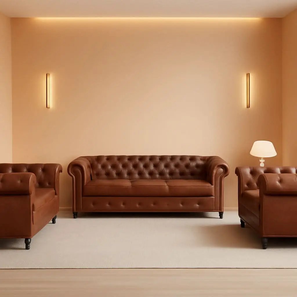 3 Piece Chesterfield Leather Sofa Set With Rolled Arms And Nailhead Trim Modern Brown Living Room Set from PriceLows™