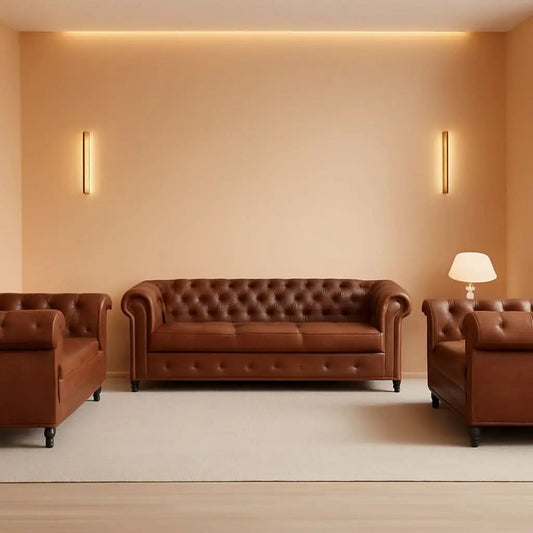 3 Piece Chesterfield Leather Sofa Set With Rolled Arms And Nailhead Trim Modern Brown Living Room Set from PriceLows™