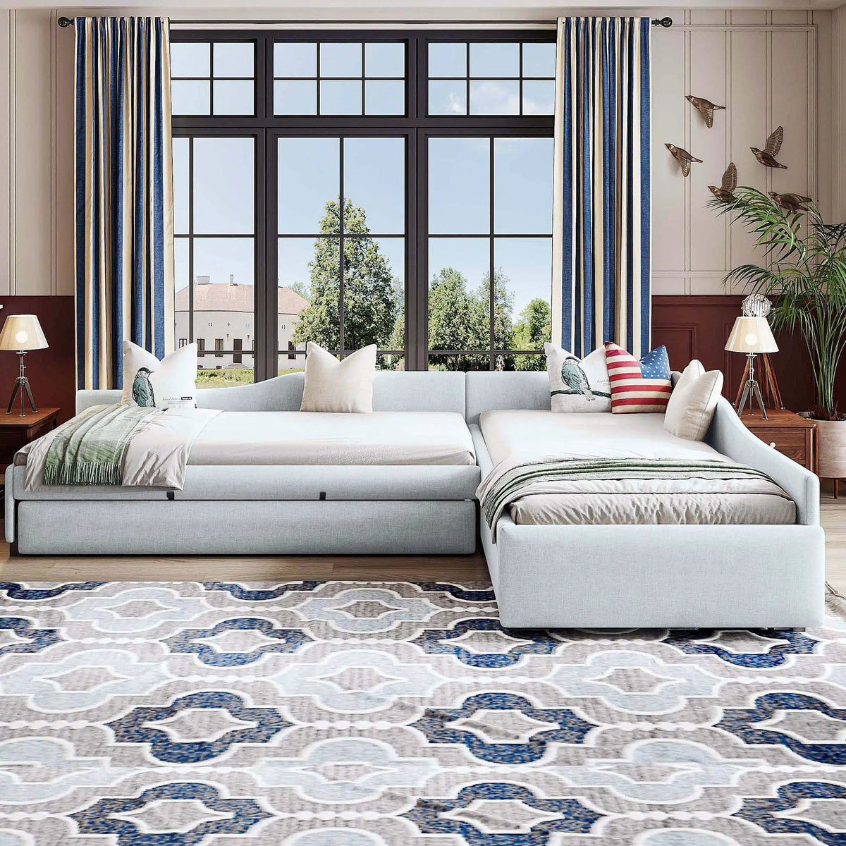 Upholstered Double Daybed | Trundle And Drawer | Two Twin Beds | 120 Inch Length