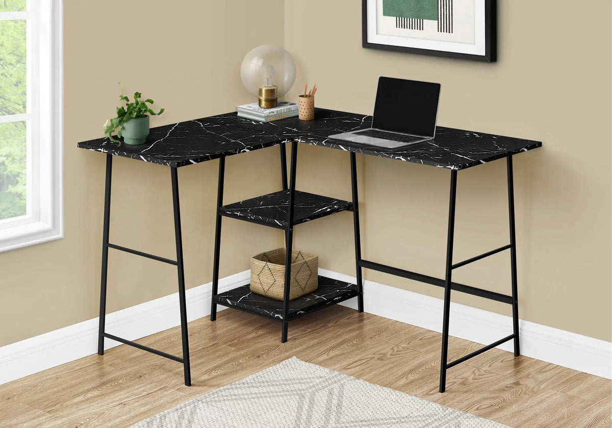 Marble Look L-Shaped Corner Desk | 47.25 Inch Width | 2 Open Shelves | Sawhorse Metal Legs
