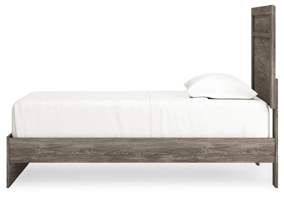 Ralinksi Panel Bed | Rustic Warm Gray Finish | Replicated Oak Grain | Pewter Handles