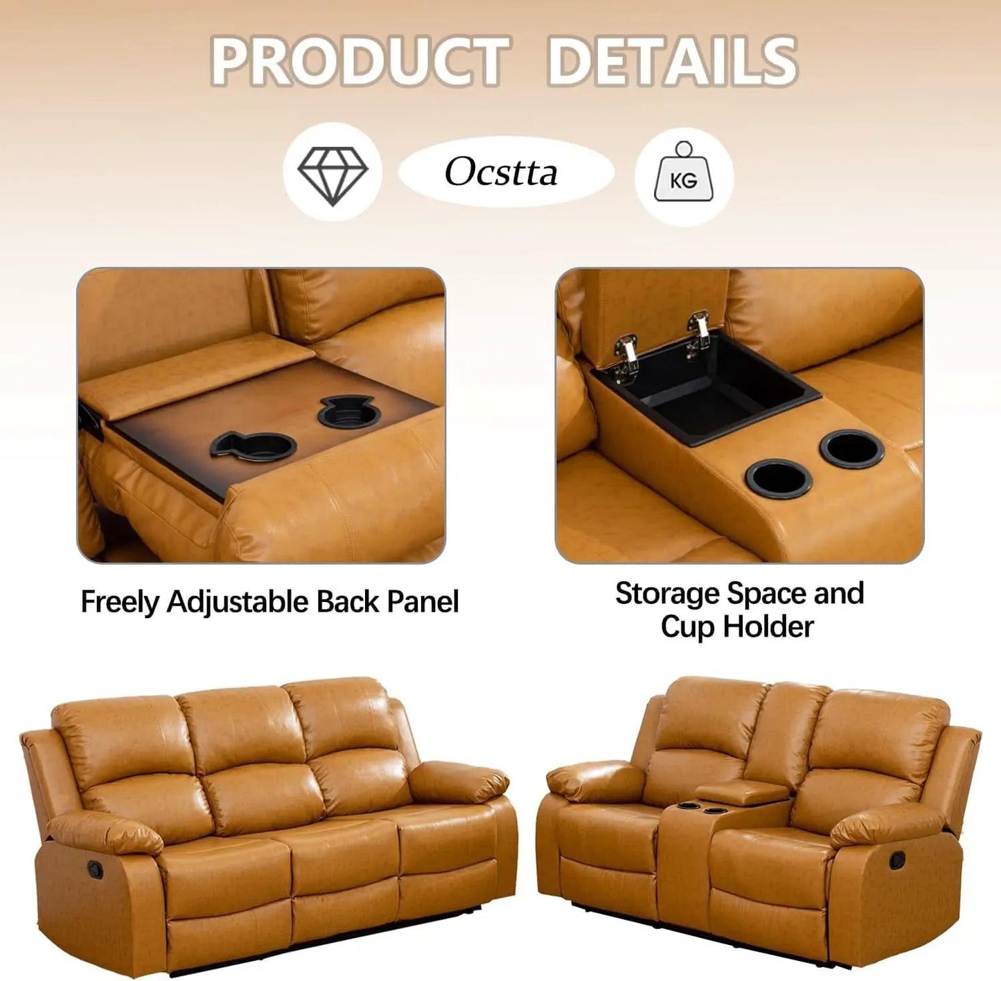 Leather Manual Recliner Sofa Set Ginger 3Piece Living Room from PriceLows™