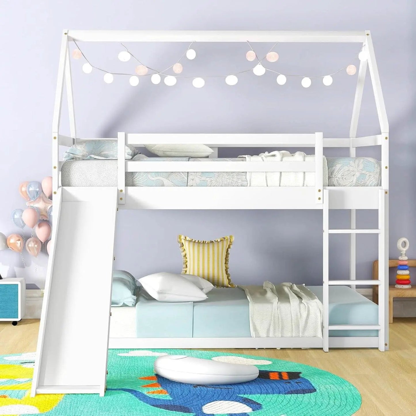 Twin Over Twin House Bunk Bed With Slide Solid Wood from PriceLows™