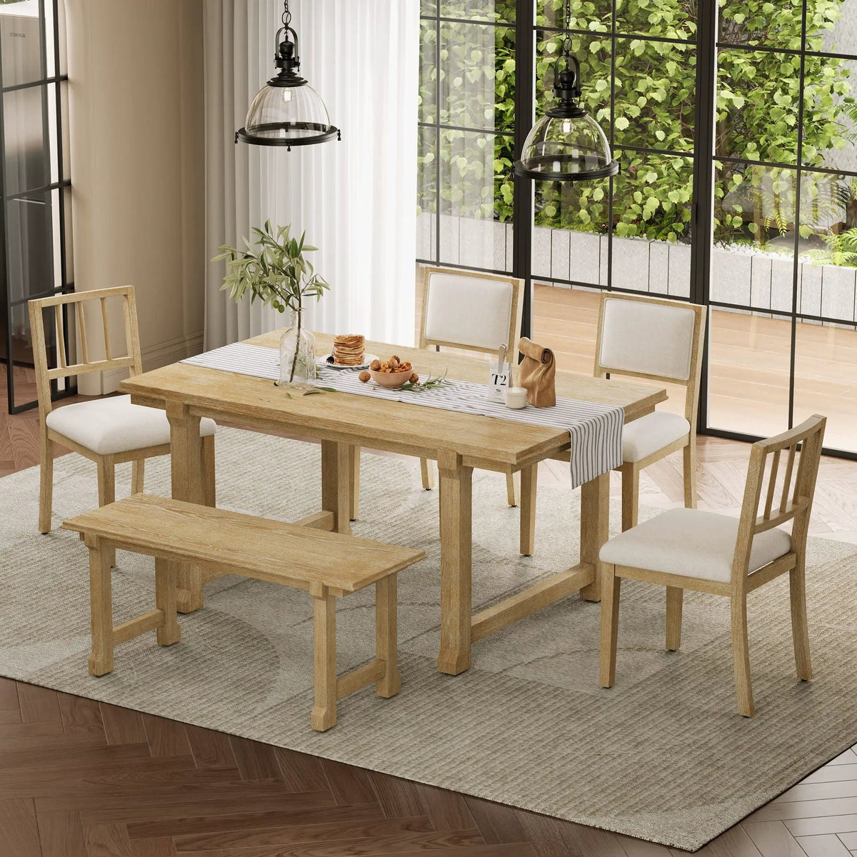 6 Piece Dining Set | Solid Rubber Wood | 4 Slat 2 Upholstered