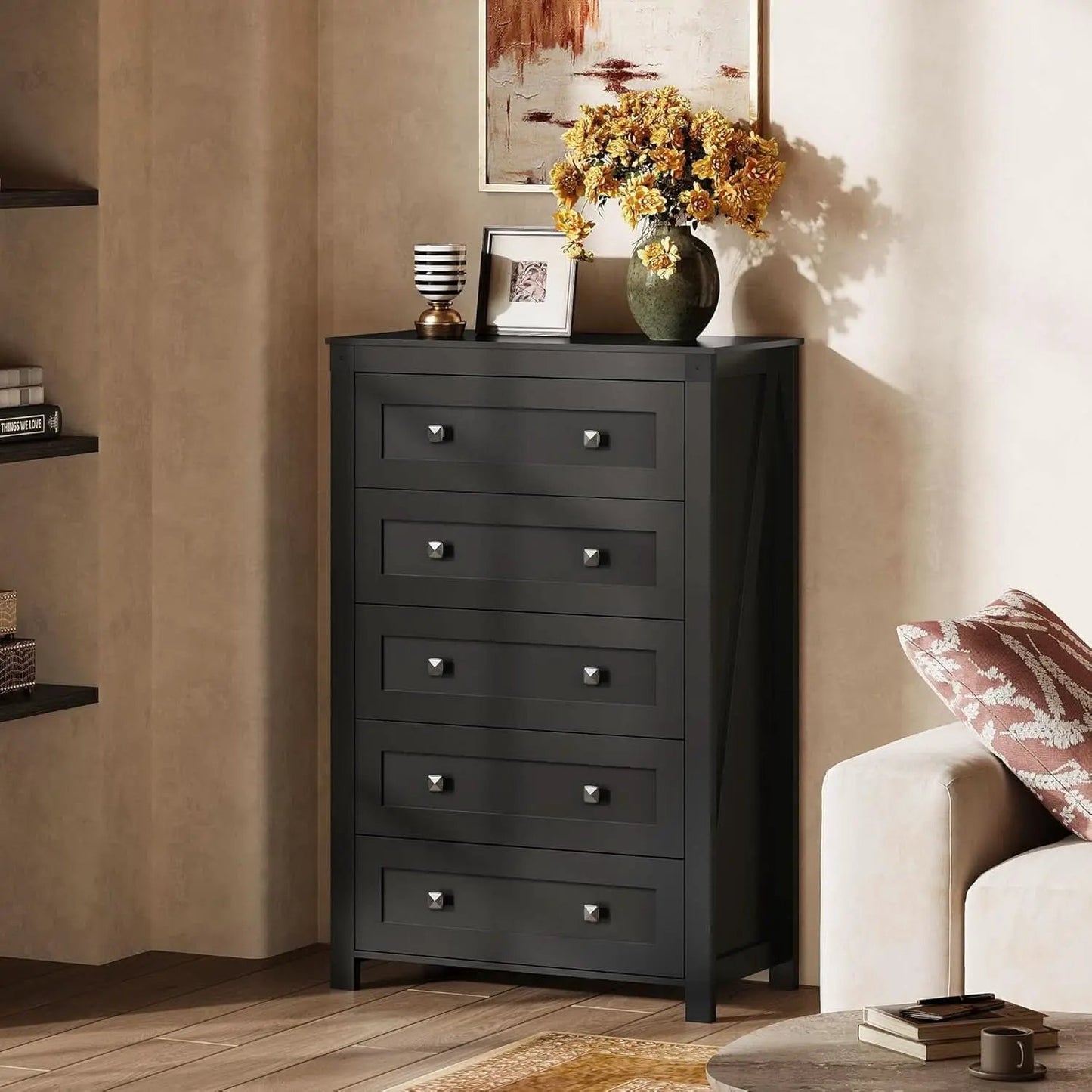 Farmhouse Tall Black Walnutstain Dresser With Drawers from PriceLows™