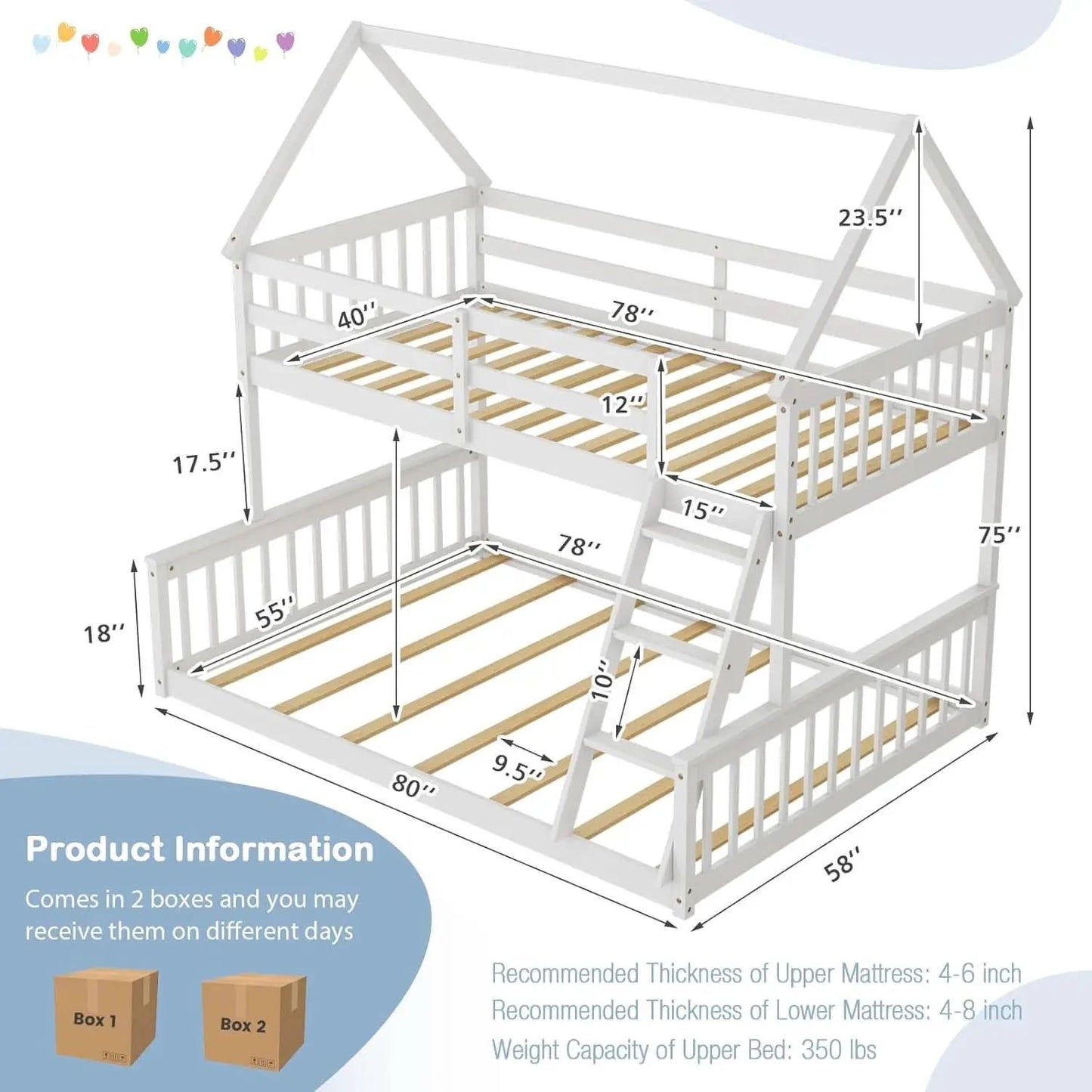 Solid Wood Twin Over Full Bunk Bed White With Guardrails from PriceLows™