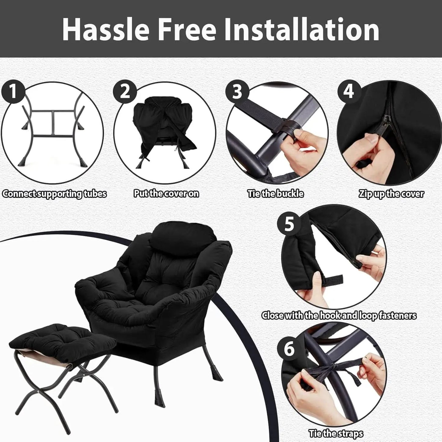 Black Velvet Folding Ottoman Lounge Chair With Footrest from PriceLows™