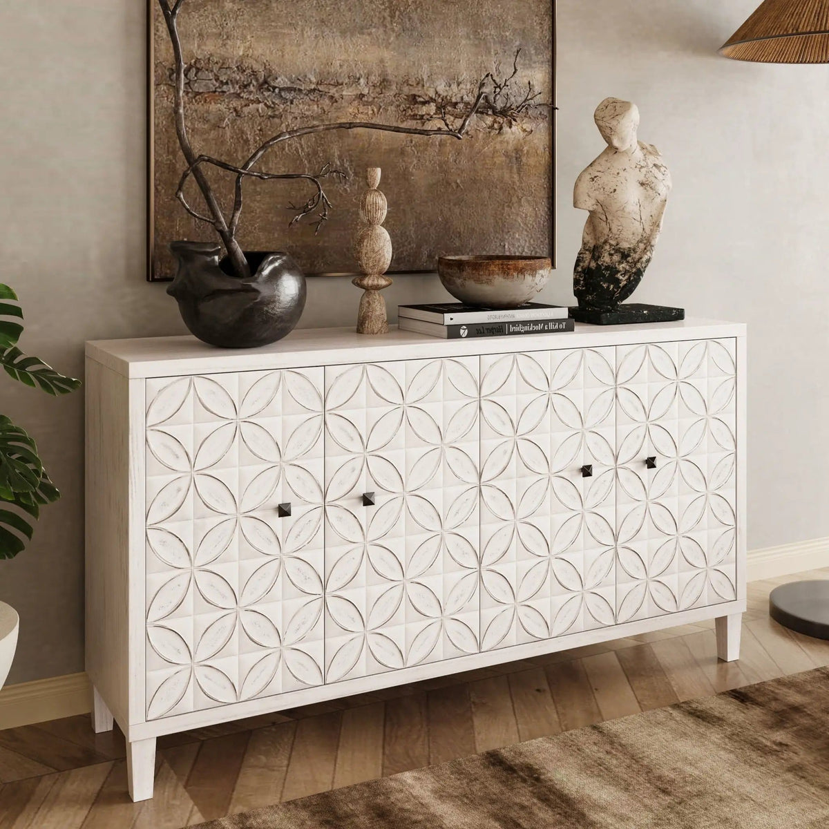 Accent Cabinet 4 Door Wooden Cabinet Sideboard Buffet Server Cabinet Storage | 59.84 x 15.75 x 31.5 in | Mdf | Dining Room