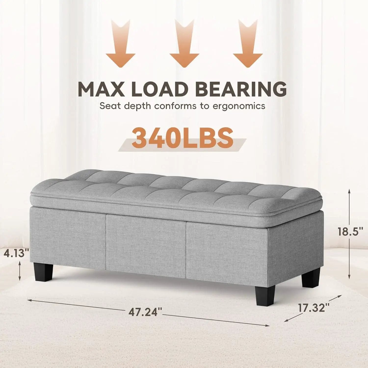 Forty Seven Inch Storage Ottoman Bench Linen Gray Fabric from PriceLows™