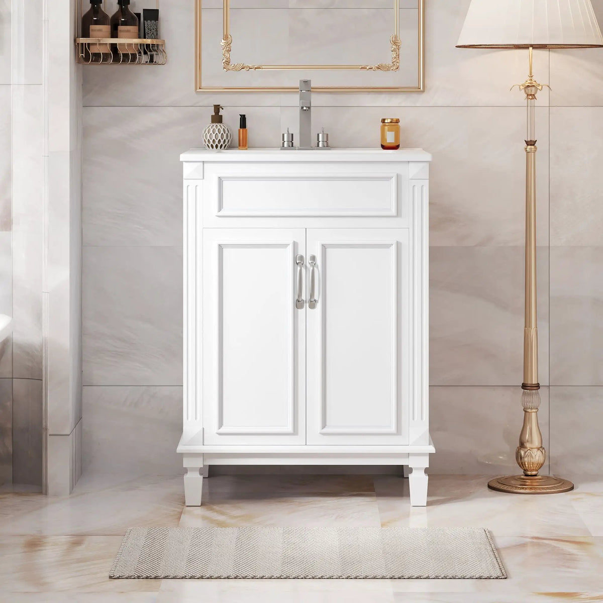 24 Inch Bathroom Vanity With Top Sink | Rubberwood Frame | 2 Soft Closing Doors | Glossy Ceramic Basin