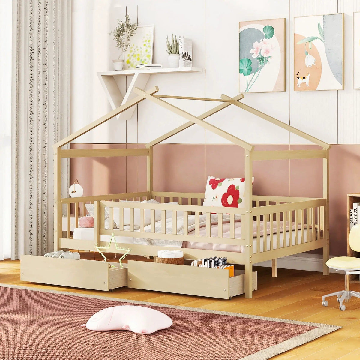 Kids House Bed With 2 Drawers | Sky Roof Design | Classic House Shape | 62.9 Inch Height