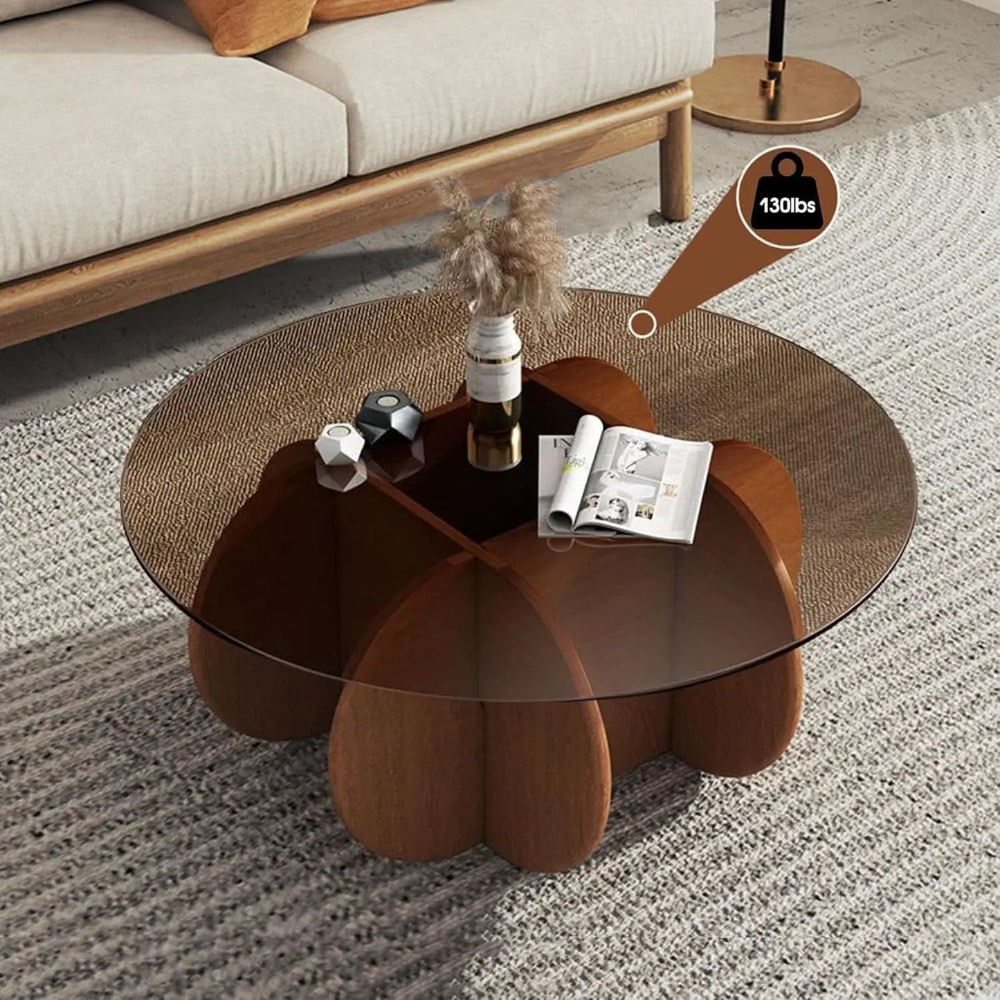 Contemporary Circular Glass Coffee Table Wooden Legs from PriceLows™