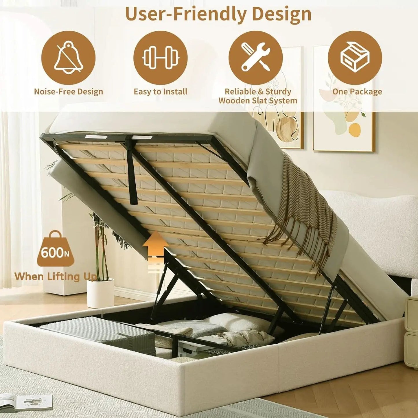 Queen Size Lift Up Storage Bed Curved Headboard Upholstered from PriceLows™