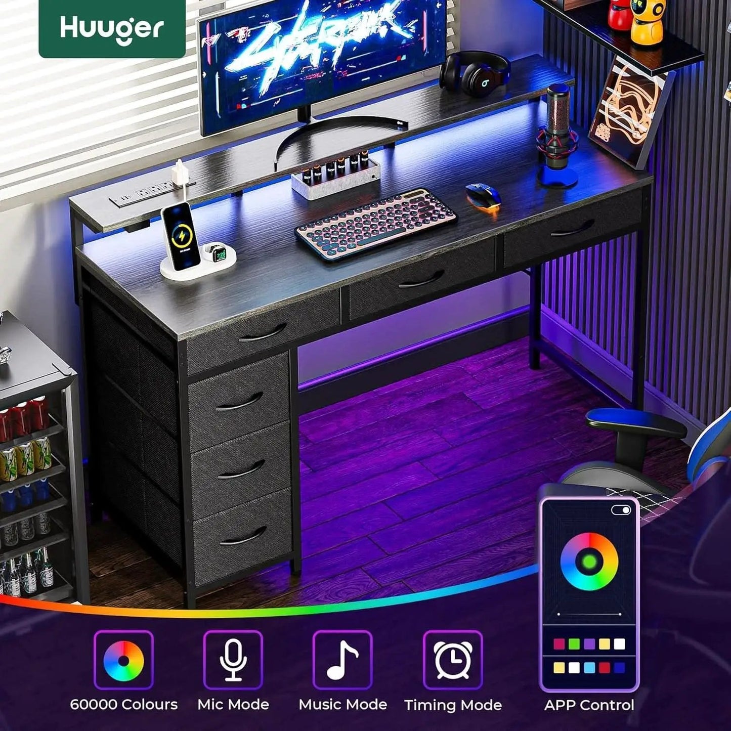 47 Inch Grey Gaming Desk With LED Lights And Drawers from PriceLows™
